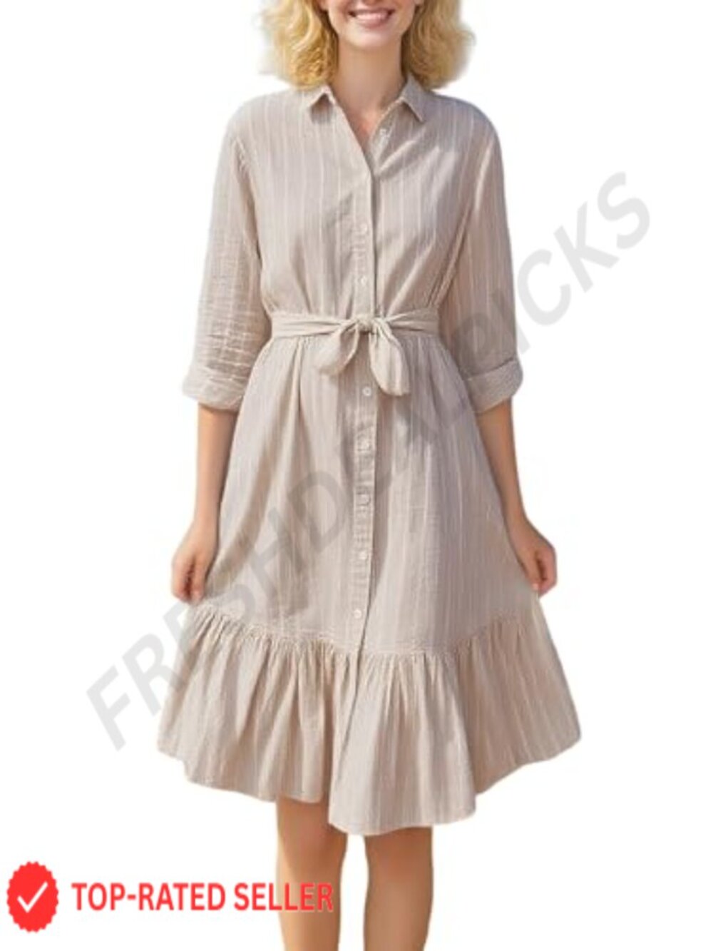 Womens Cotton Striped Button Down Shirt Dress Belted Midi Ruffle